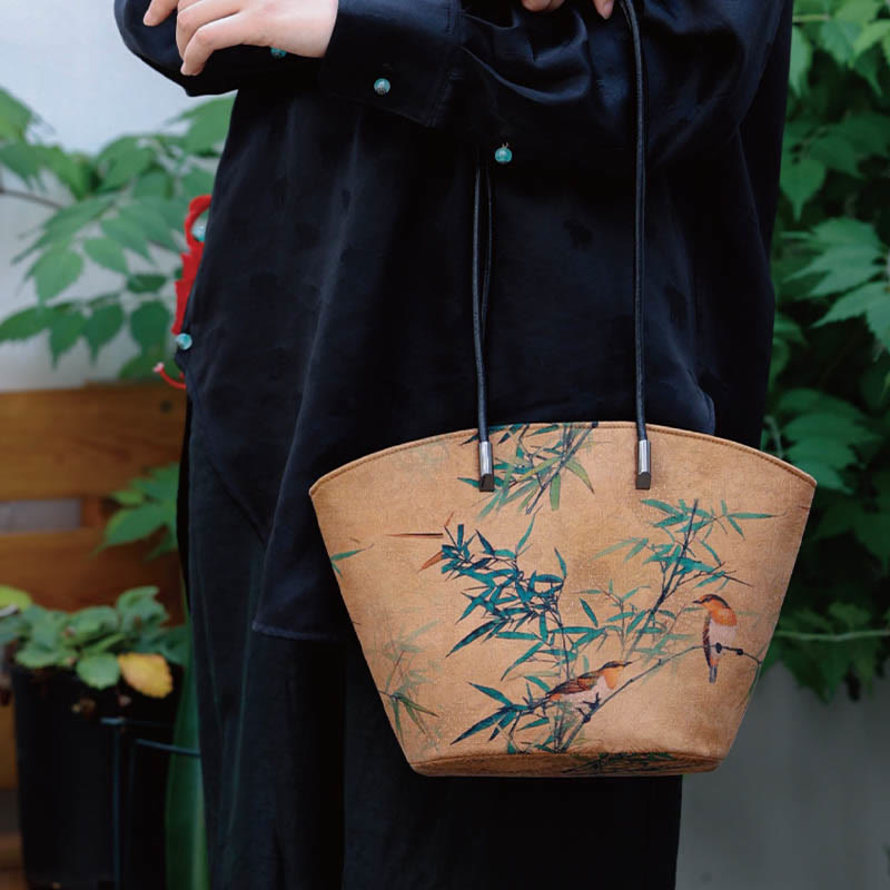 Vintage Bamboo Magpie Schultertasche mit großem Fassungsvermögen und Pfingstrosen-Schmetterling