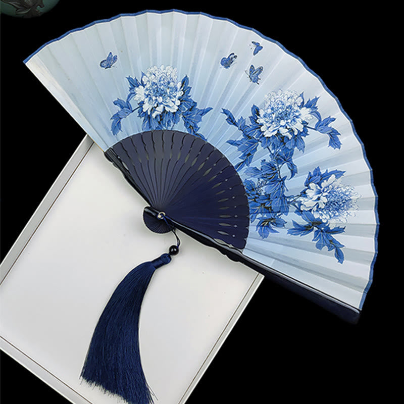 Vintage Bambus Pfingstrose Schmetterling Lotus Chinesischer Faltfächer aus Seide
