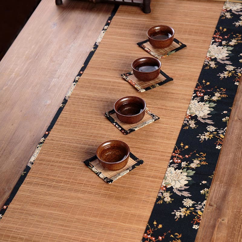 Vintage Bambus Teematte 35x100cm | Pfingstrosenblüten Untersetzer