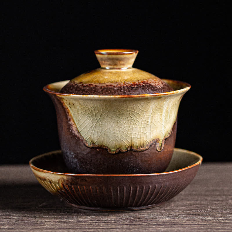 Vintage Braune Ofenkeramik Gaiwan Sancai Teetasse mit Deckel