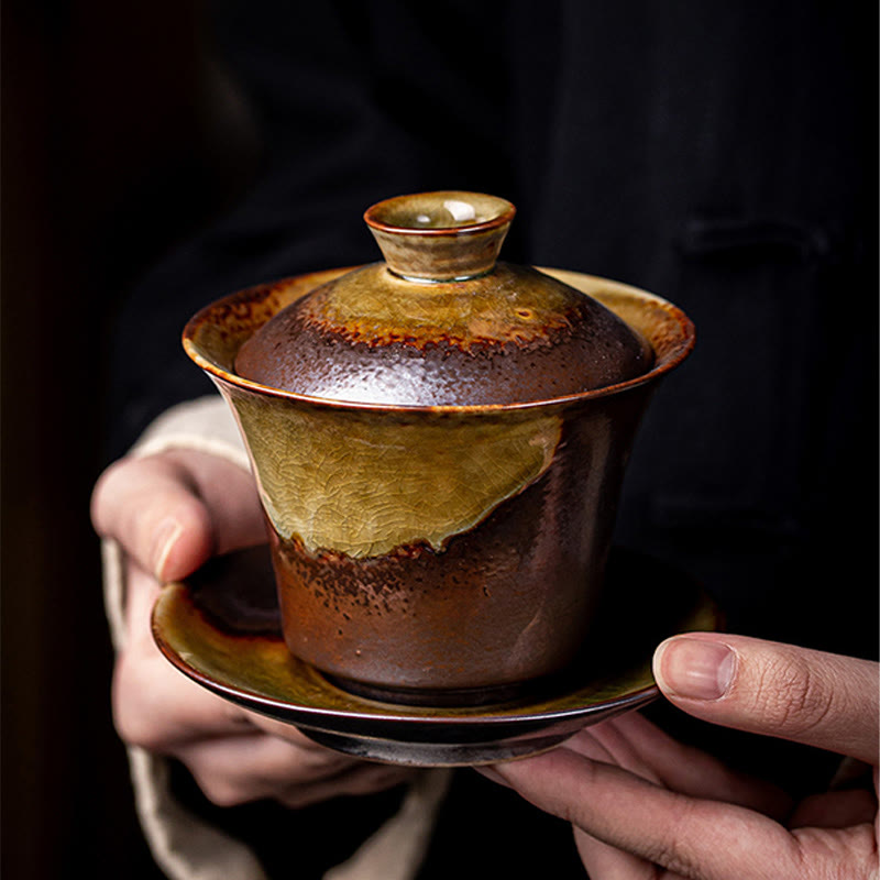 Vintage Braune Ofenkeramik Gaiwan Sancai Teetasse mit Deckel
