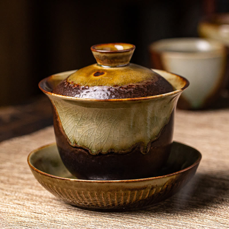 Vintage Braune Ofenkeramik Gaiwan Sancai Teetasse mit Deckel