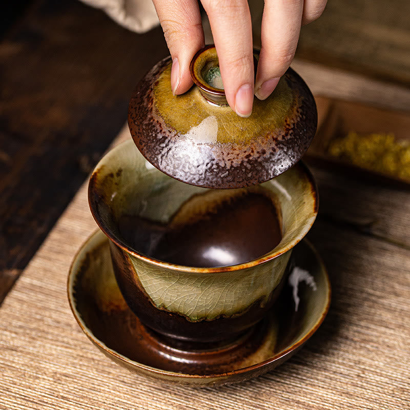 Vintage Braune Ofenkeramik Gaiwan Sancai Teetasse mit Deckel
