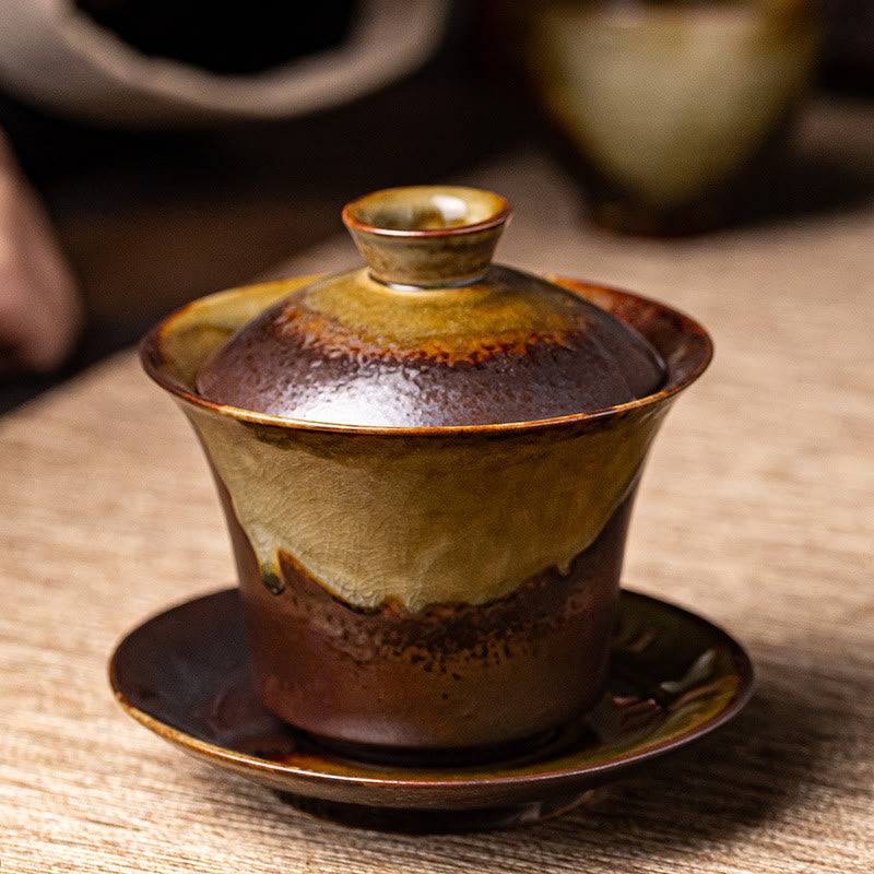 Vintage Braune Ofenkeramik Gaiwan Sancai Teetasse mit Deckel