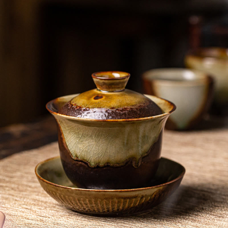 Vintage Braune Ofenkeramik Gaiwan Sancai Teetasse mit Deckel