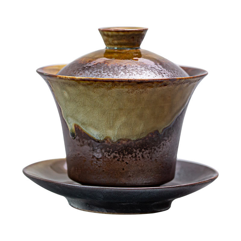 Vintage Braune Ofenkeramik Gaiwan Sancai Teetasse mit Deckel