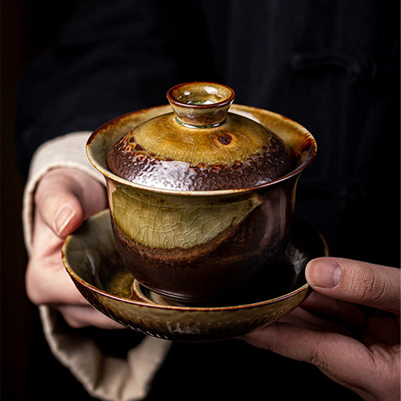Vintage Braune Ofenkeramik Gaiwan Sancai Teetasse mit Deckel