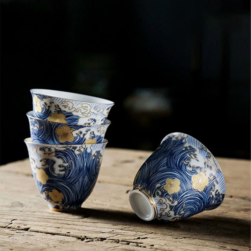 Vintage Keramik-Teetasse mit Meereswellen, 60 ml | Geschirr