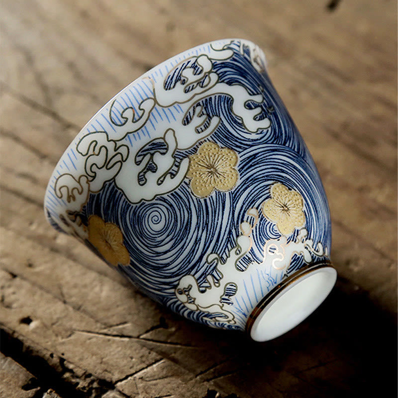 Vintage Keramik-Teetasse mit Meereswellen, 60 ml | Geschirr
