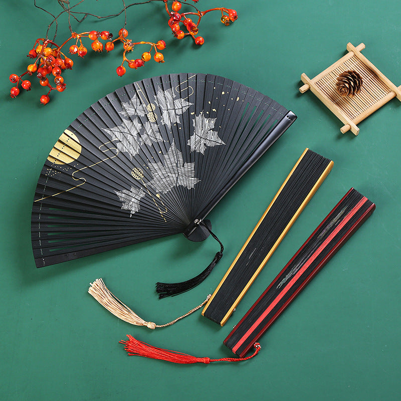 Chinesischer Vintage-Faltfächer aus Bambus | Kranich &amp; Ahornblatt 18,5 cm