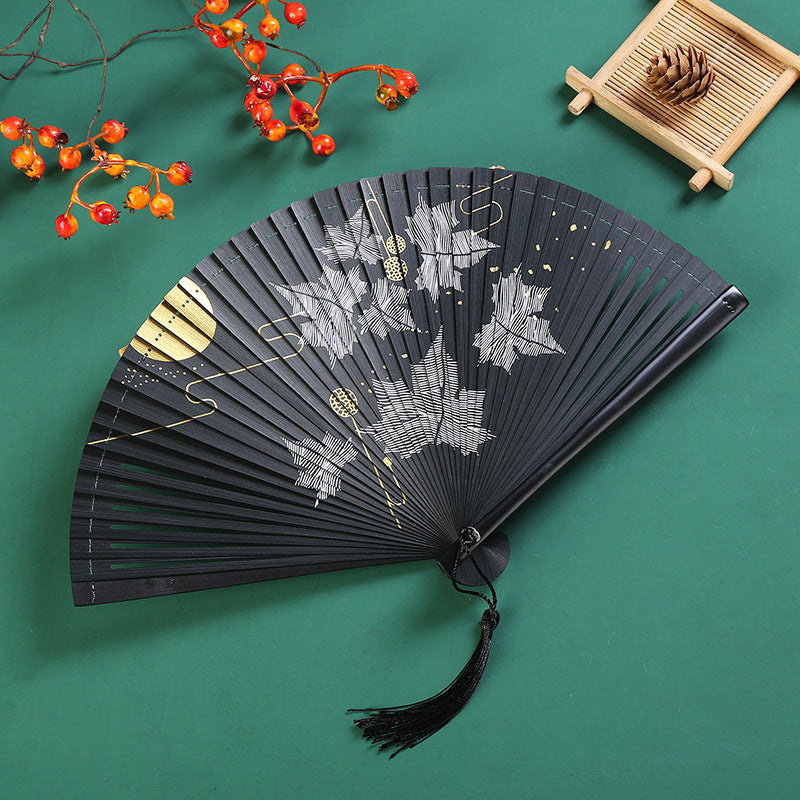 Chinesischer Vintage-Faltfächer aus Bambus | Kranich &amp; Ahornblatt 18,5 cm