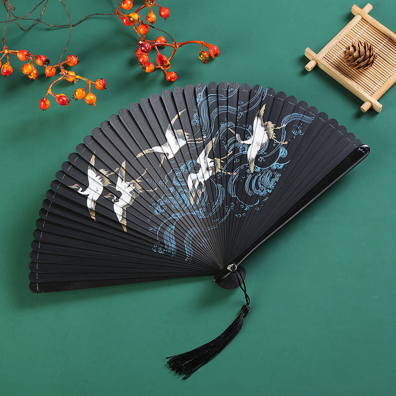 Chinesischer Vintage-Faltfächer aus Bambus | Kranich &amp; Ahornblatt 18,5 cm
