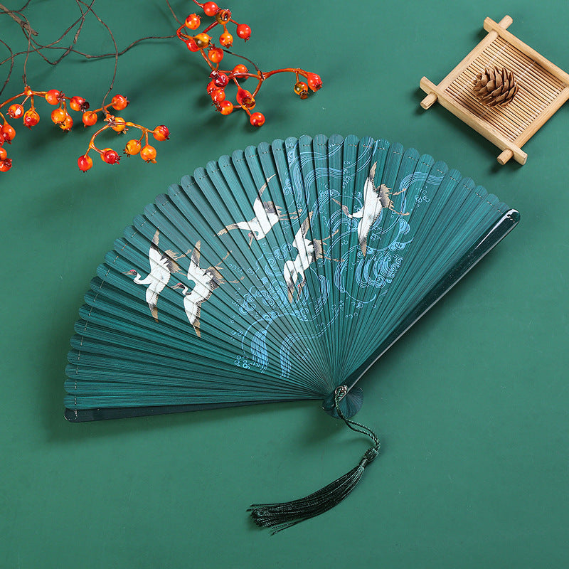 Chinesischer Vintage-Faltfächer aus Bambus | Kranich &amp; Ahornblatt 18,5 cm