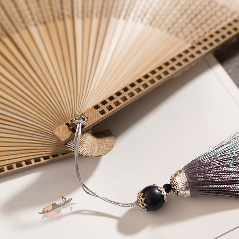Vintage Chinesischer Faltfächer | Handfächer aus Bambus und Polyester