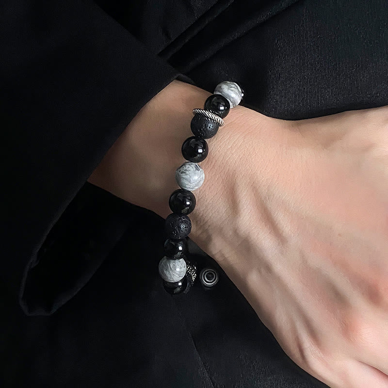 Vintage Lava Rock Schwarzer Obsidian Picasso Jaspis Armband zur Erdung