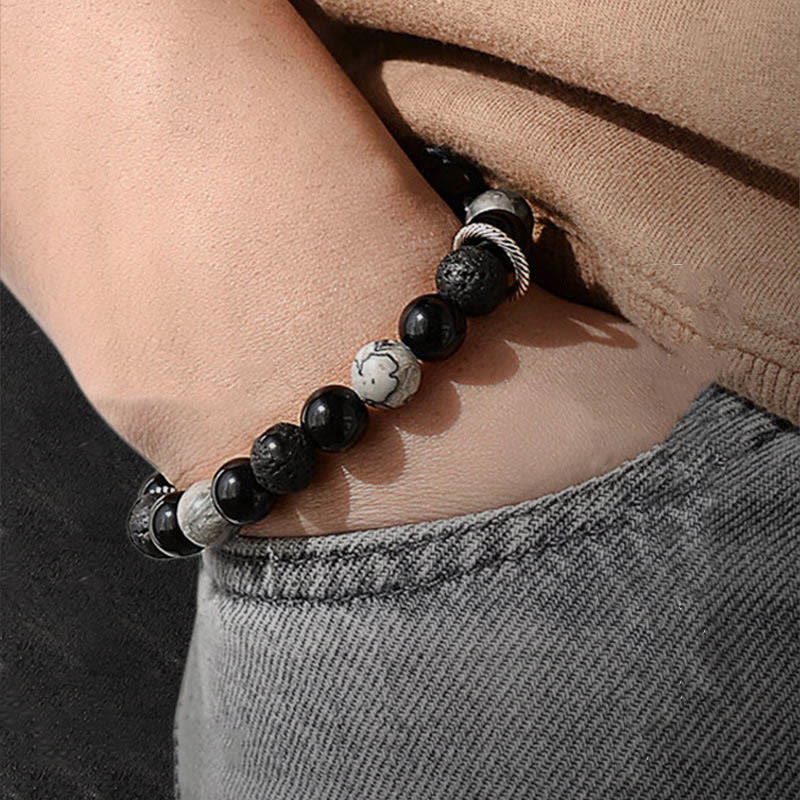 Vintage Lava Rock Schwarzer Obsidian Picasso Jaspis Armband zur Erdung