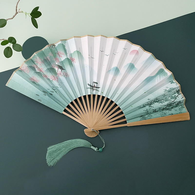 Vintage Lotus Faltfächer mit Bambusrahmen für Künstler