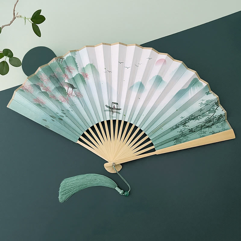Vintage Lotus Faltfächer mit Bambusrahmen für Künstler