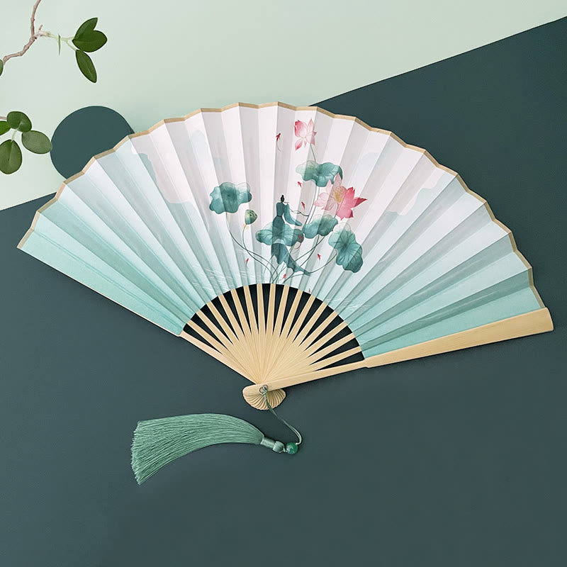 Vintage Lotus Faltfächer mit Bambusrahmen für Künstler