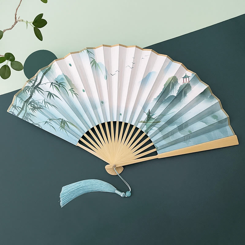 Vintage Lotus Faltfächer mit Bambusrahmen für Künstler
