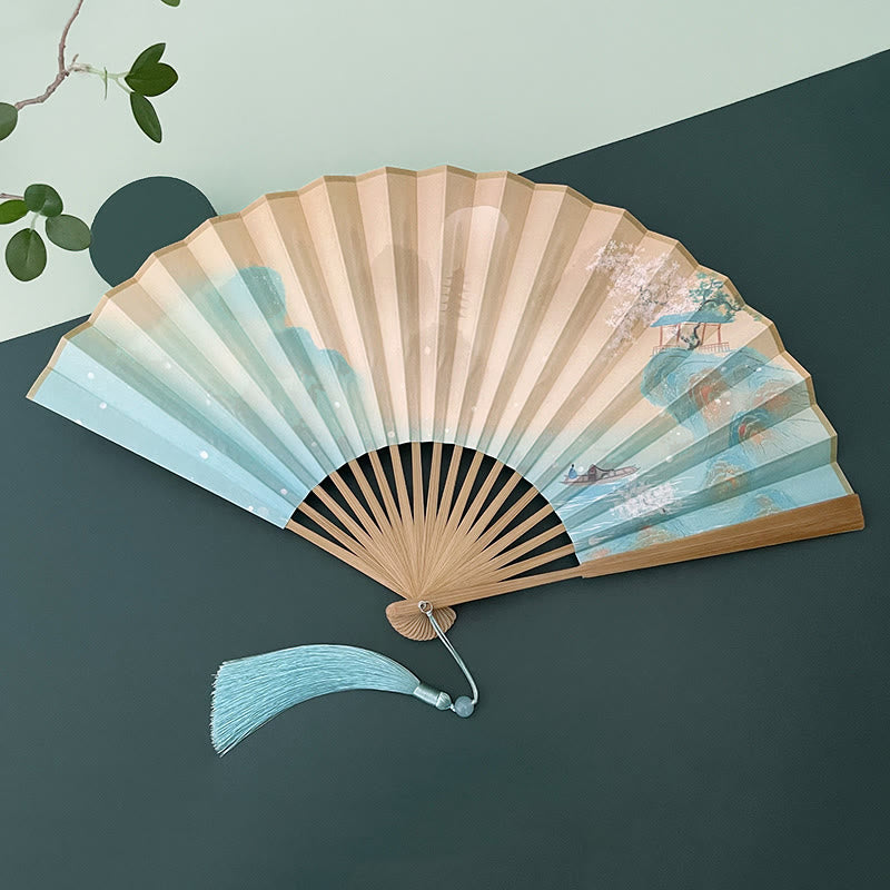 Vintage Lotus Faltfächer mit Bambusrahmen für Künstler