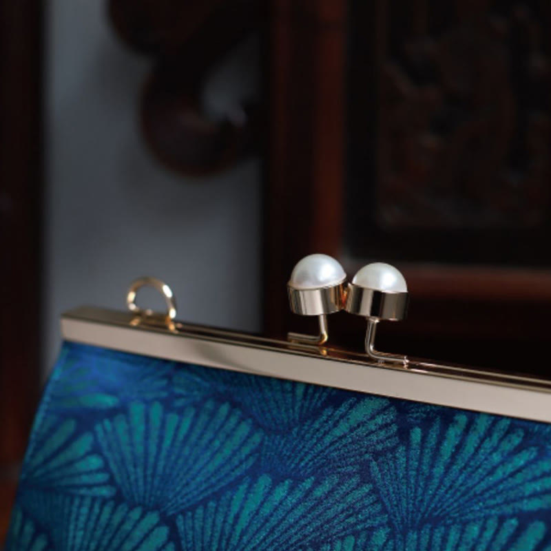 Vintage Pfau Blau Blatt Muster Perle Metall Handtasche