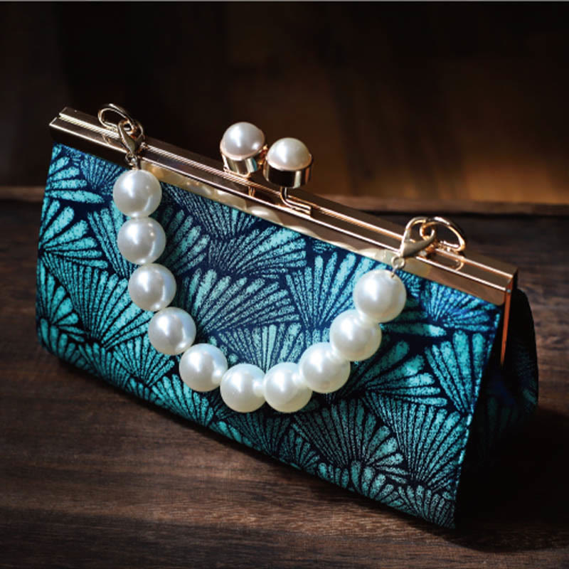 Vintage Pfau Blau Blatt Muster Perle Metall Handtasche