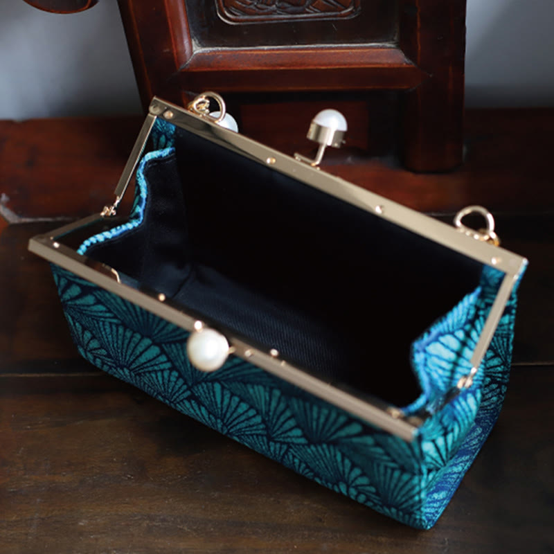 Vintage Pfau Blau Blatt Muster Perle Metall Handtasche