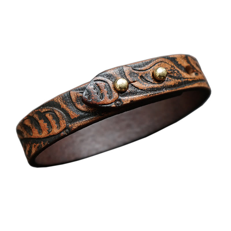 Spirituelles Armband aus bedrucktem Vintage-Leder mit Kupferbalance