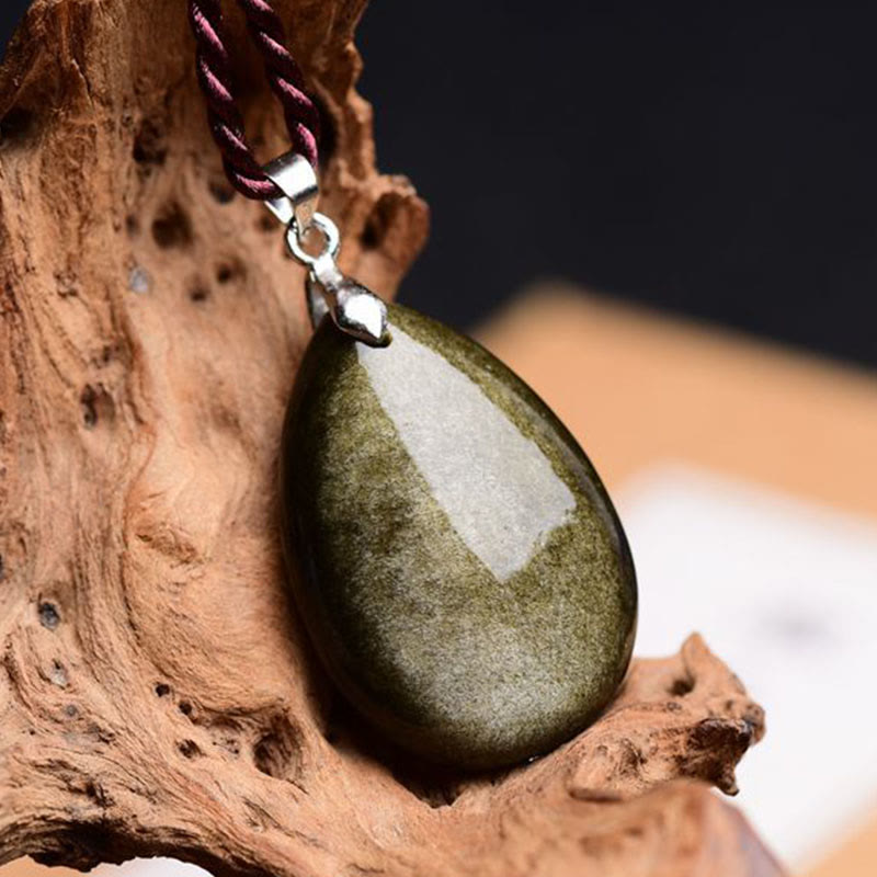 Wassertropfen Obsidian Halskette Anhänger | Goldglanz &amp; Regenbogen Schwarz