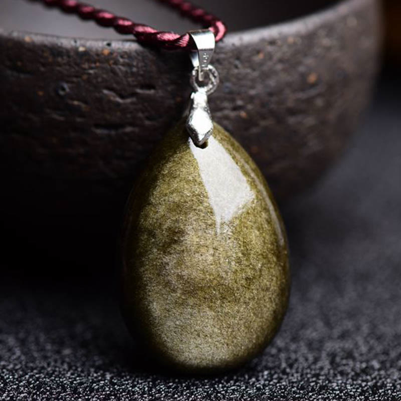 Wassertropfen Obsidian Halskette Anhänger | Goldglanz &amp; Regenbogen Schwarz