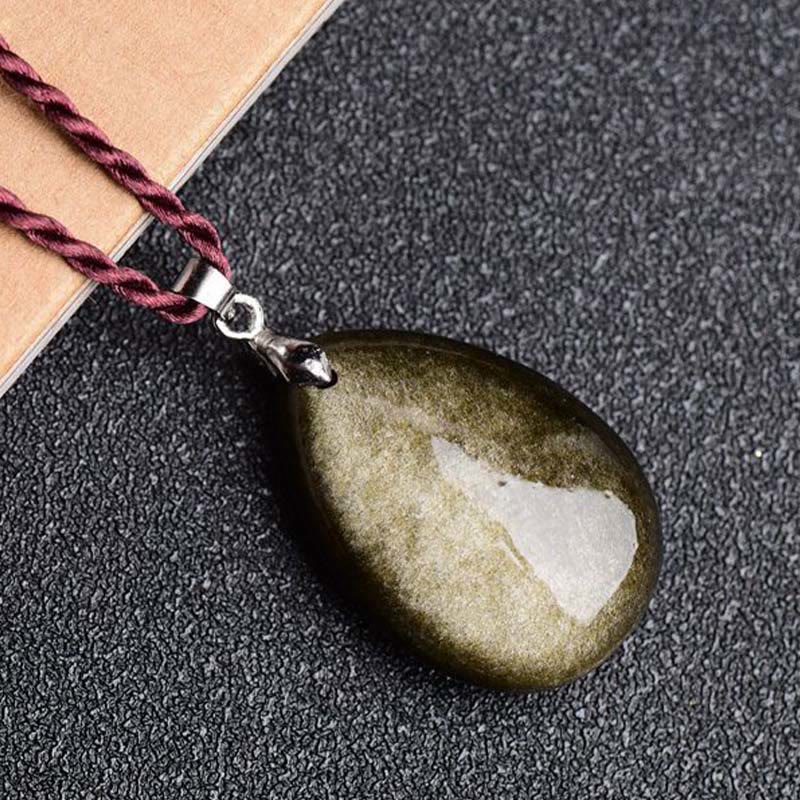 Wassertropfen Obsidian Halskette Anhänger | Goldglanz &amp; Regenbogen Schwarz