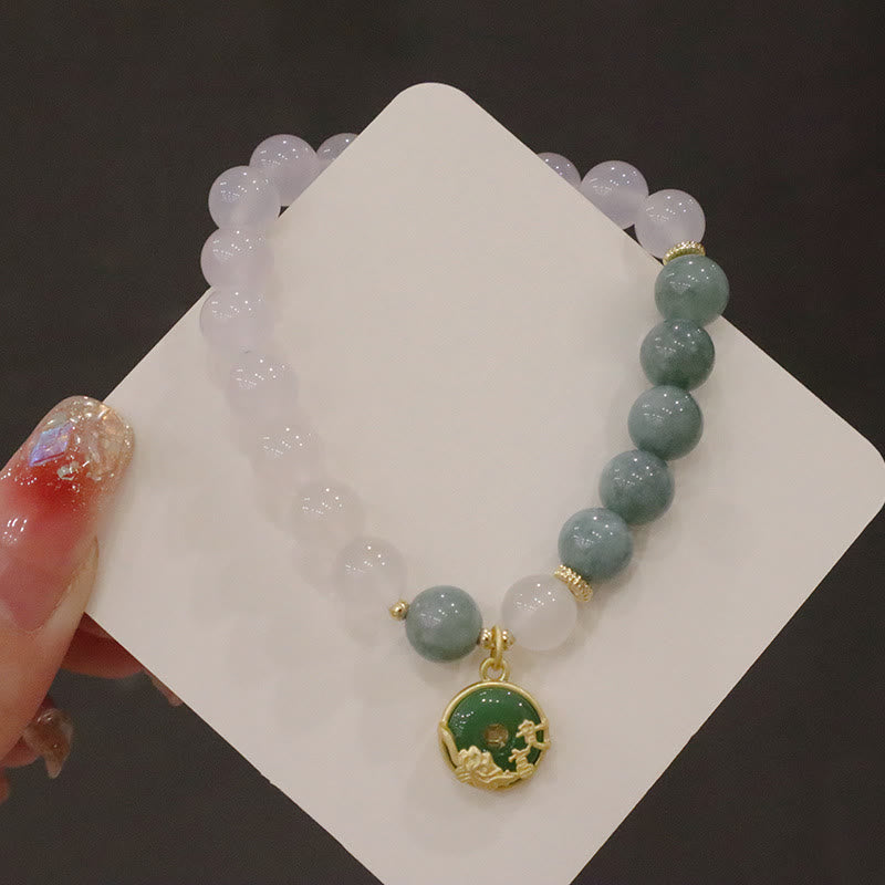 Schutzarmband aus weißem Achat und Jade, 8 mm, mit Lotus-Peace-Schnalle