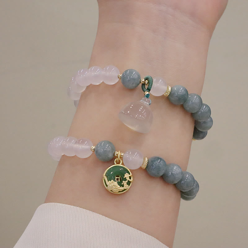 Schutzarmband aus weißem Achat und Jade, 8 mm, mit Lotus-Peace-Schnalle