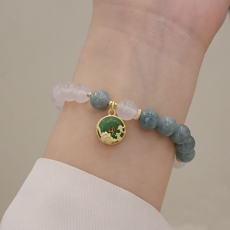 Schutzarmband aus weißem Achat und Jade, 8 mm, mit Lotus-Peace-Schnalle