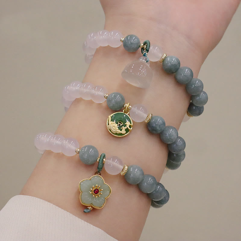 Schutzarmband aus weißem Achat und Jade, 8 mm, mit Lotus-Peace-Schnalle