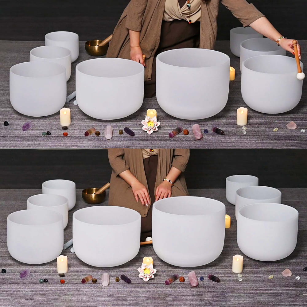 Collection of white crystal singing bowls with candles, part of White Frosted Crystal Singing Bowl Set