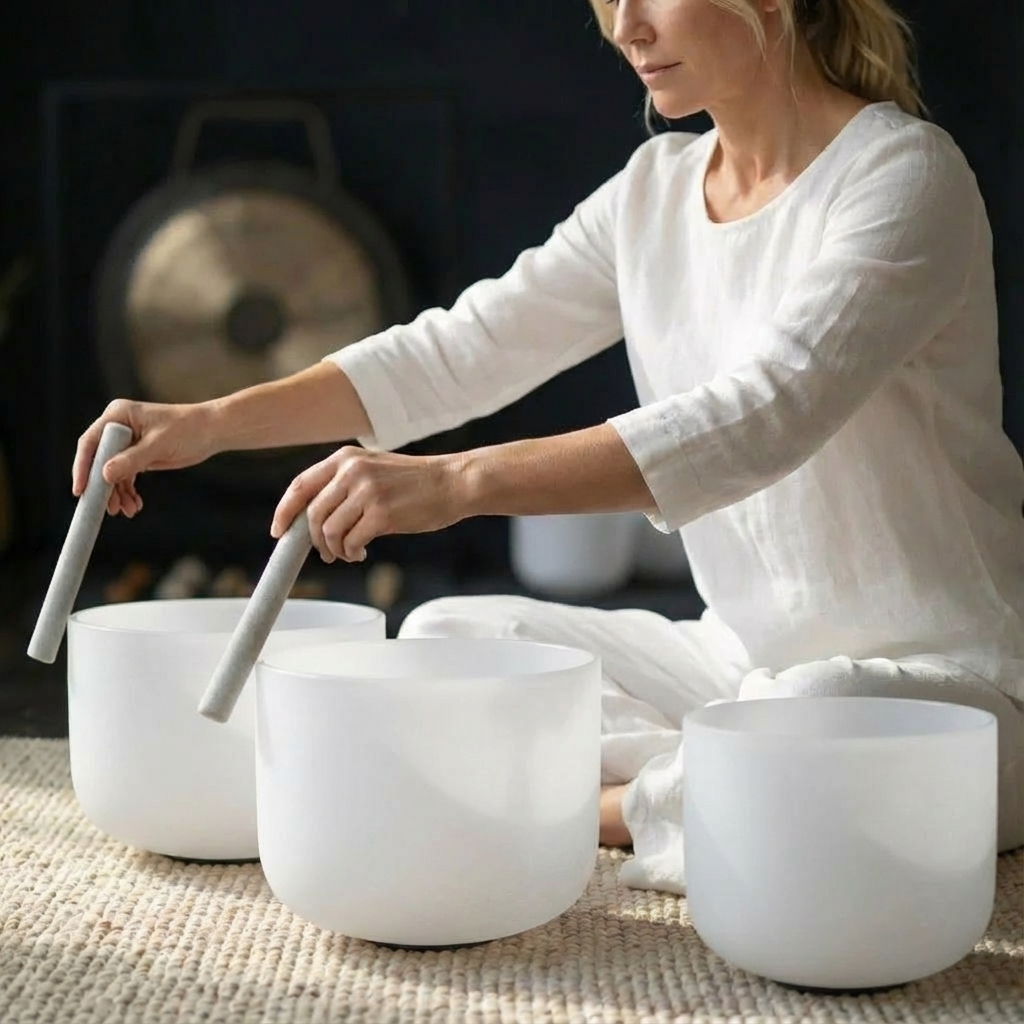 Klangschalen-Set aus weißem, mattiertem Kristallglas – 7-tlg. – 6-16 Zoll