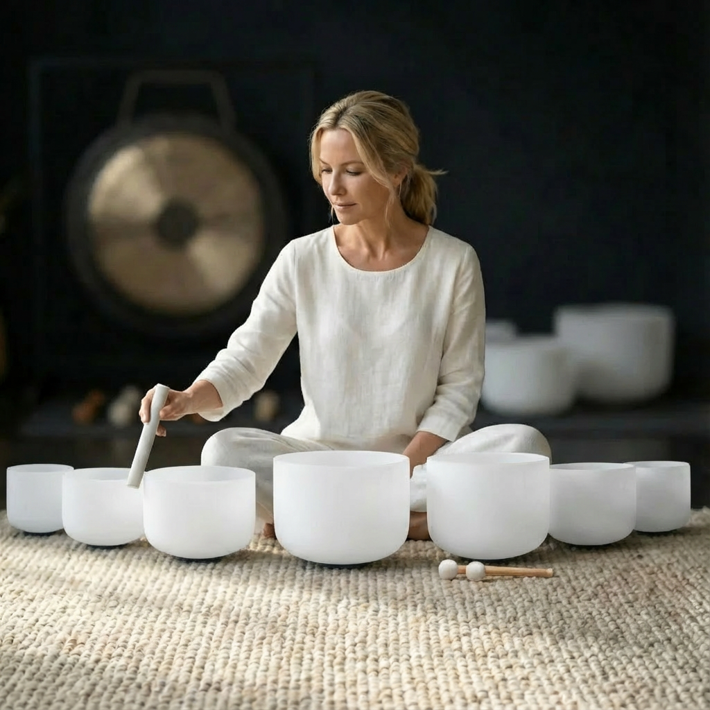 Klangschalen-Set aus weißem, mattiertem Kristallglas – 7-tlg. – 6-16 Zoll