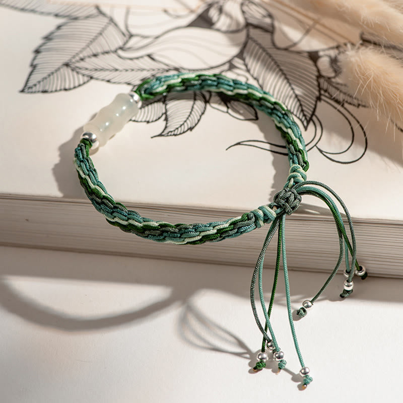 Weißes Jade-Bambus-Armband mit Kraft- und Glückskette