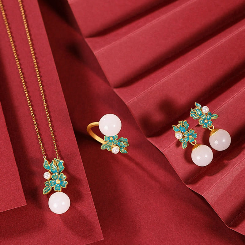 Weiße Jade Silber Perle Segen Halskette Ring Ohrringe