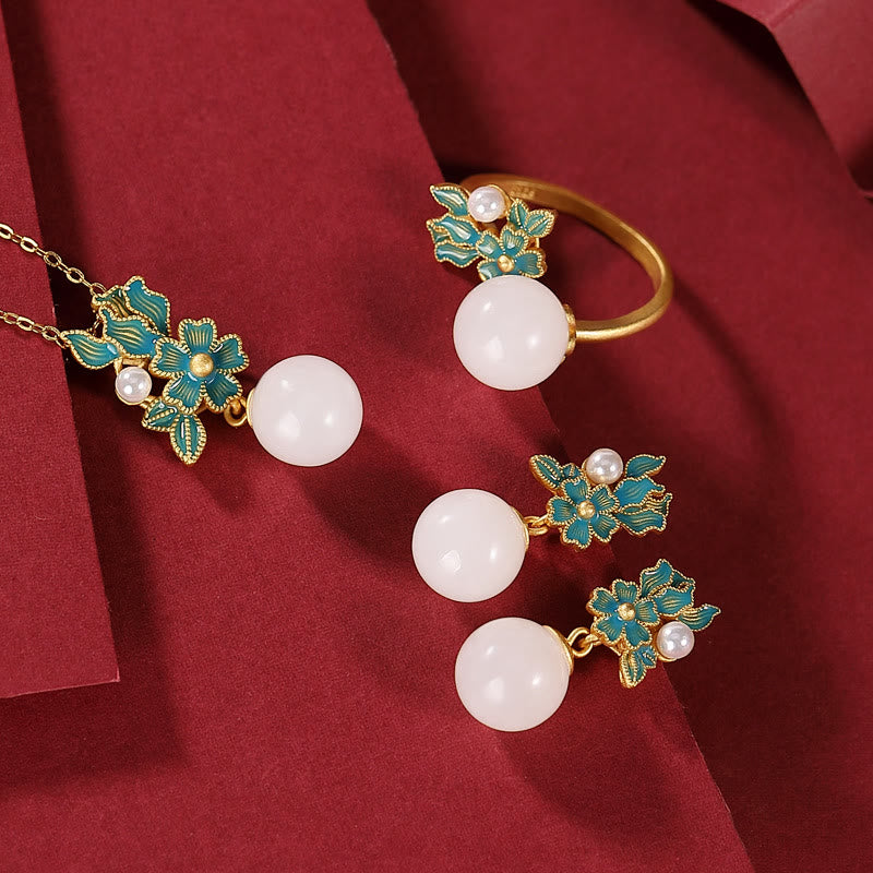 Weiße Jade Silber Perle Segen Halskette Ring Ohrringe
