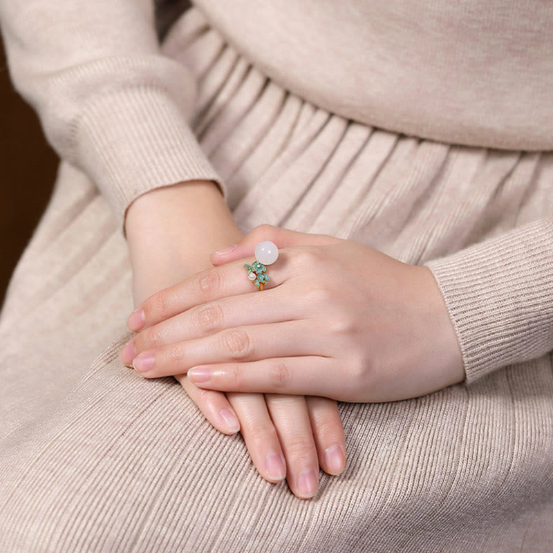Weiße Jade Silber Perle Segen Halskette Ring Ohrringe