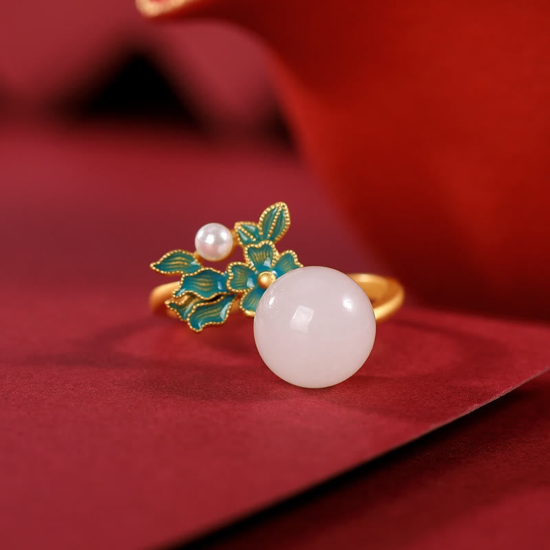 Weiße Jade Silber Perle Segen Halskette Ring Ohrringe