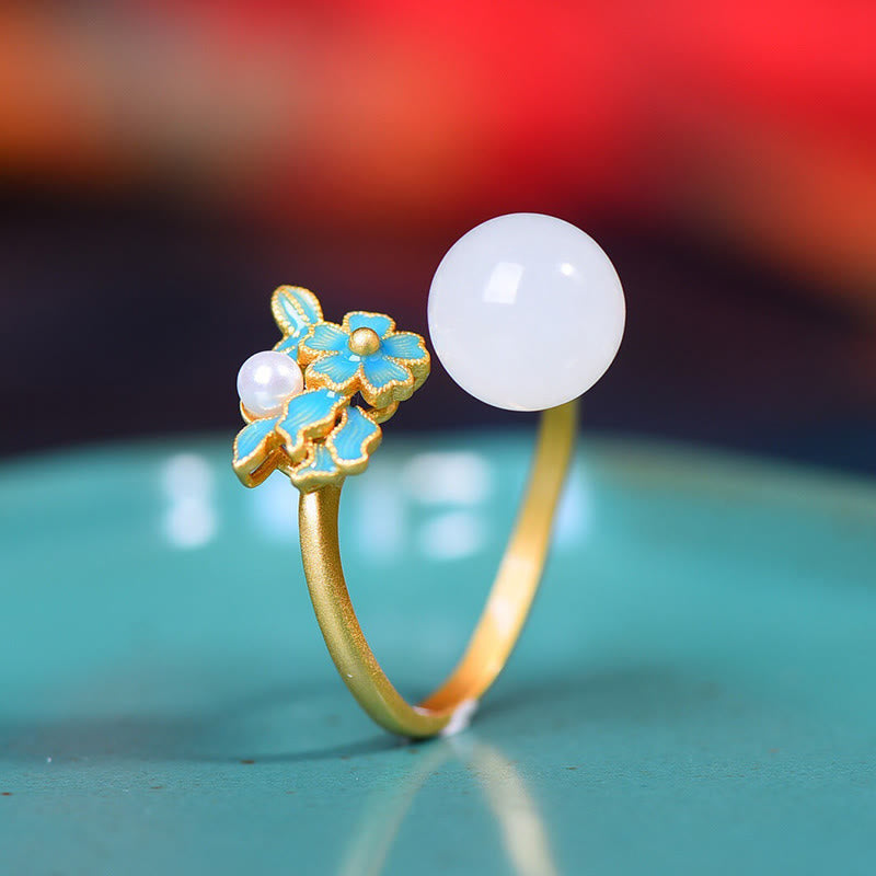 Weiße Jade Silber Perle Segen Halskette Ring Ohrringe