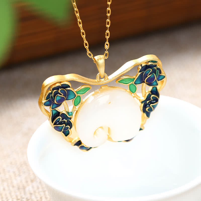 Weiße Jade-Erfolgskette mit Elefanten-Schmetterlings-Lotus