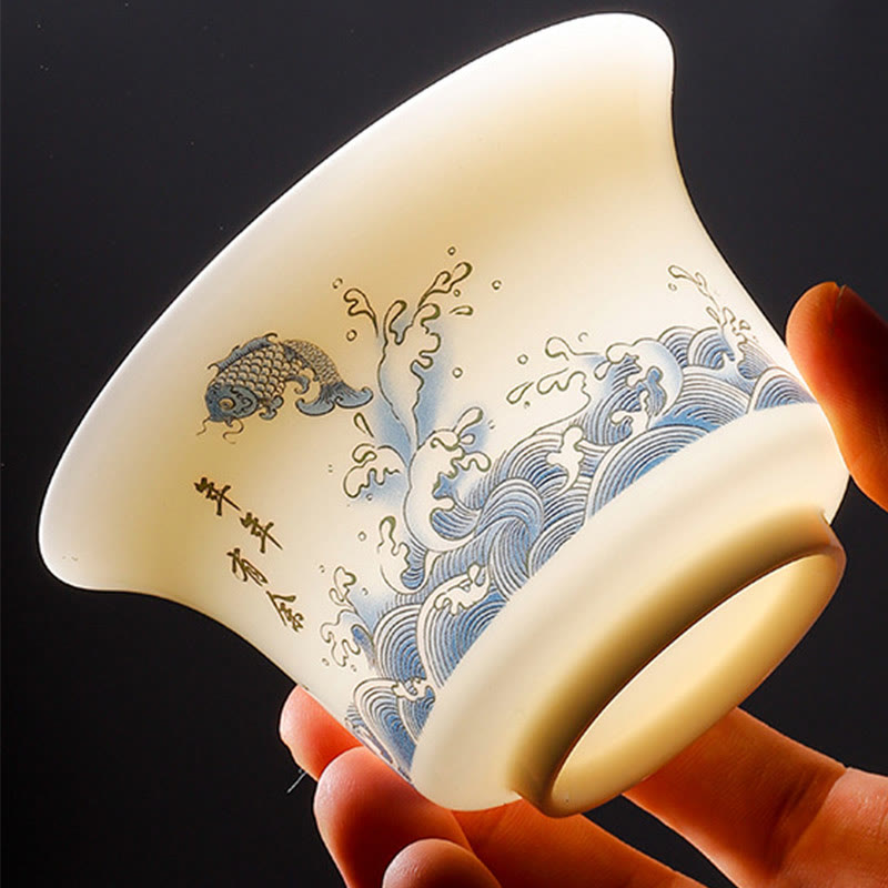 Weiße Gaiwan-Teetasse aus Porzellan mit Deckel – Zen-Dekor