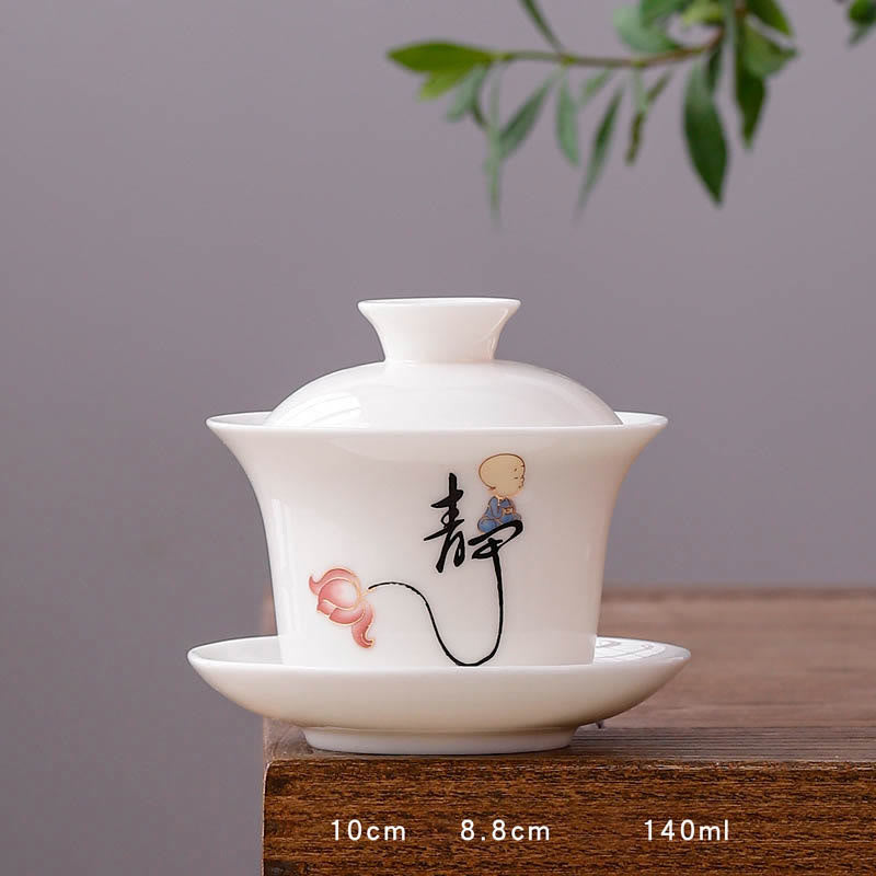 Weiße Gaiwan-Teetasse aus Porzellan mit Deckel – Zen-Dekor
