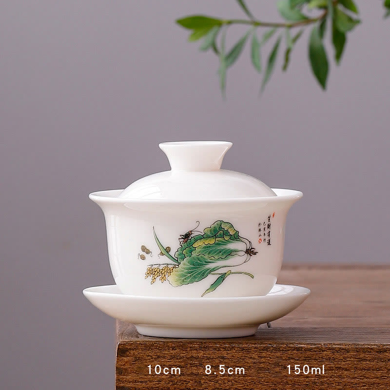 Weiße Gaiwan-Teetasse aus Porzellan mit Deckel – Zen-Dekor