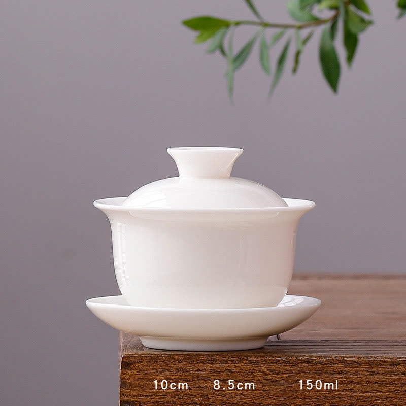 Weiße Gaiwan-Teetasse aus Porzellan mit Deckel – Zen-Dekor